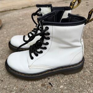 Dr. Martens White Kids Lace-Up Leather Boots with Black Accents